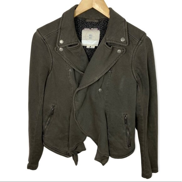 Anthropologie Hei Hei Laena Grey Moto Jacket Cotton‎ Size XS Petite Biker Coat - Picture 1 of 10